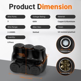 3 Port Insulated Multi Tap Connector 2-14 AWG Aluminum to Copper Wire Connectors Single Side Entry Aluminum Electrical Cable Connectors with Slotted Allen Hex - 6 Pack