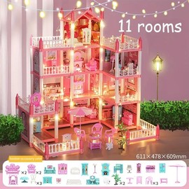 Doll House, Dollhouse For Girls Pretend-Play DIY Dollhouse Kit - 4-Story 11 Rooms Playhouse With 4 Dolls Toy Figures, Furniture And Accessories Set Gift Toy For Kids Ages 3 4 5 6 7 8+:_pink_14 rooms