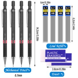 Tikplus Mechanical Pencil, Set of 4 Mechanical Pencil Set with 4 Tubes (48 Pieces), Pencil Lead, HB Lead Pencil, 2 Pieces Eraser, Mechanical Pencil for Drawing Writing (Mechanical Pencil 0.7)