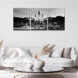 3 Piece Black and White Wall Art United States Cityscape Paintings Home Decor Saint Louis Cathedral Skyline Prints on Canvas Louisiana Jazz Artwork Picture for Living Room Ready to Hang 12X16X3INCH