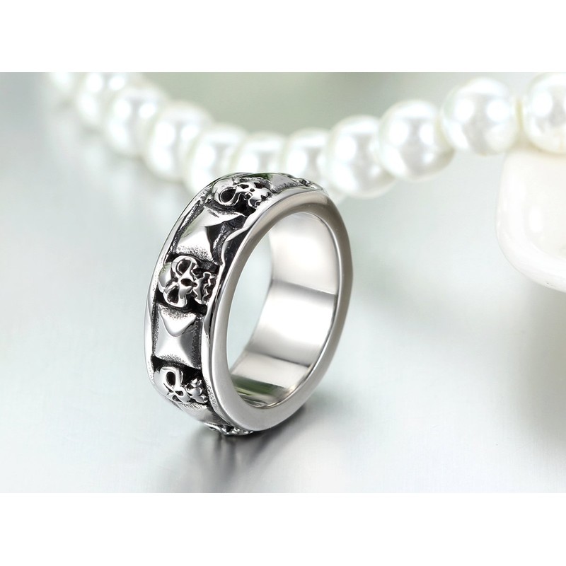 JewelryWe Stainless Steel Skull and Pyramid Combination Cast Band Ring