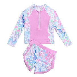OXUBOAO Girls Swimsuits Kids Long Sleeve Rash Guard Set Bathing Suit Front Zipper + Swim Shorts (Pink, 9-10T)
