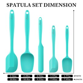 HOTEC 600℉ Heat Resistant BPA-Free Silicone Rubber Spatula Set,Kitchen Cooking Spatulas, Baking, Mixing for Non Stick Cookware, Dishwasher Safe, Set of 5 Aqua Sky