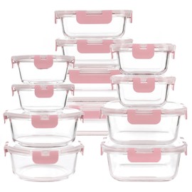 HAKEEMI 12 Pack Glass Storage Containers with Lids, Glass Meal Prep Containers Set, Airtight Food Storage Containers, Pink