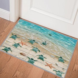 COVASA Sea Turtle Bath Mats for Bathroom,Coastal Bathroom Rugs Turtle Rug,Beach Door Mat Absorbent Bath Rug Non-Slip Floor Rug Carpets Small Throw Rug Washable Area Rugs for Laundry,Teal Blue,16"x24"