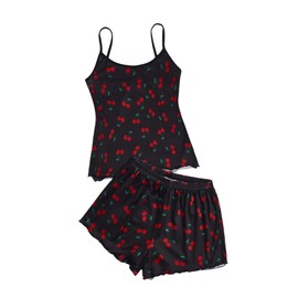 SweatyRocks Women's Summer Cute Printed Cami Top and Shorts Pajamas Set Sleepwear Black Cherry Medium