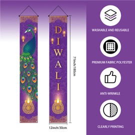 Happy Diwali Porch Banner,Indian Diwali Peacock Front Door Porch Welcome Sign Deepavali Festival of Lights Decorations for Home Doorway-12×71'' (Purple 2)