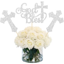 Gyufise 12Pcs God Bless and Cross Centerpiece Sticks Double Sided Cross God Bless Table Flower Centerpieces Sticks First Communion Baptism Decorations for God Bless Theme Party Supplies Silver