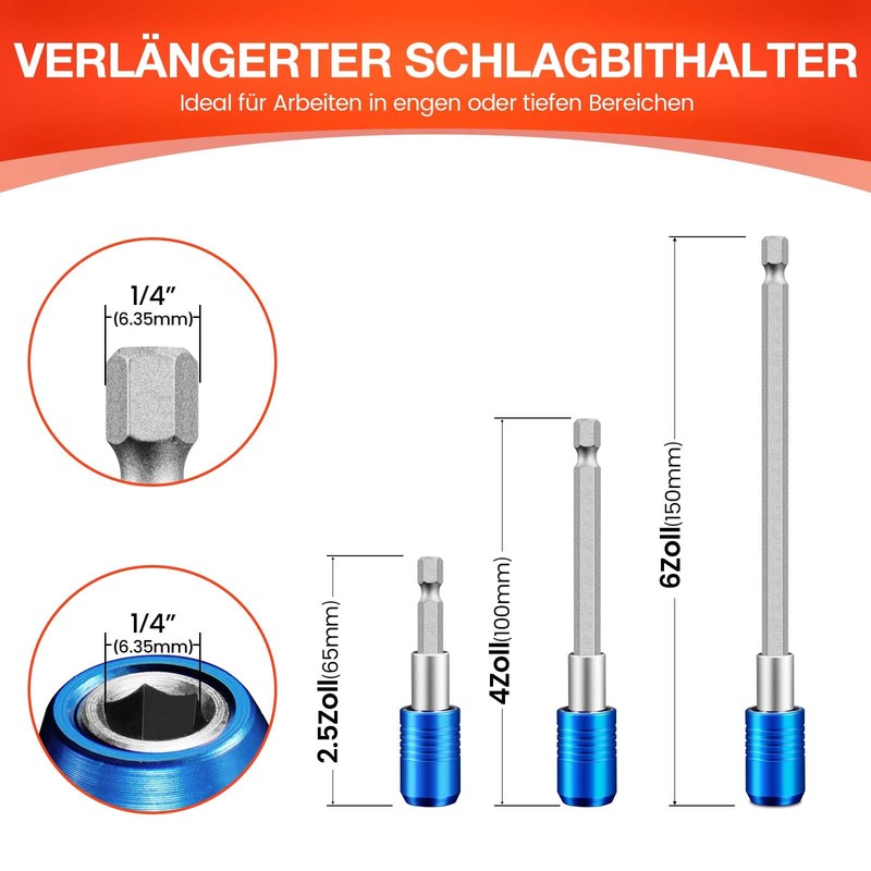 3 pieces magnetic quick-change impact bit holder, 2.5/4/6 inch bit