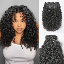 LUVME Invisible Clip in Hair Extensions 2Pack Messy Curly Real Human Hair, Remy Hair Clip ins for Women, Natural Human Hair, 14 inch 220g 14Pcs, Natural Black