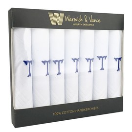 Warwick & Vance 7 Pack Of Mens/Gentlemens White Satin Bordered Handkerchiefs With Blue Embroidered Initials, Letter T
