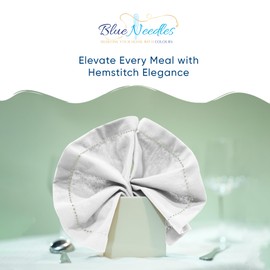 Blue Needles White Hemstitch Linen Napkins - 100% Cotton Set of 12 Cloth Dinner Napkins 18x18 inches - Soft, Reusable and Washable Napkins, Ideal for Events, Parties & Everyday Use