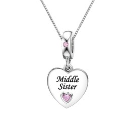 KunBead Middle Sister 18 inch Pink Heart I Love You Family Charm Birthday Pendant Necklace for Women
