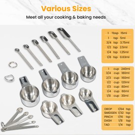 Stainless Steel Measuring Cups & Spoons Set of 18, Includes 7 Nesting Cups, 6 Rectangular & 5 Tiny Measuring Spoons Fits Narrow Spice Jars, Kitchen Gadgets for Cooking & Baking