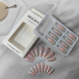 3D Press on Nails Almond Fake Nails with Glue Glossy Ombre Nails Press on Acrylic Nails Pink Glue on Nails Blue False Nails Milky Way Star Artificial Nails Cotton Candy Chrome Stick on Nails for Women