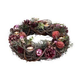 Christmas Advent Wreath Made of Multiple Materials Round with Pink/Green/Brown Decoration for Tea Lights Diameter 34 cm