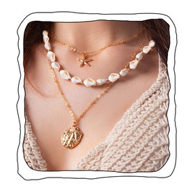 Firuilo Boho Layered Starfish Necklace Seashell Pendant Necklace Chain Shell Choker Necklace for Women