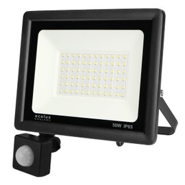Ecolux PIR Motion Sensor 50W LED Outdoor Floodlight Energy Efficient 6000K Waterproof IP65 Mains Powered for Garage, Porch, Shed & Commercial Buildings - with Earth Wire (50W)