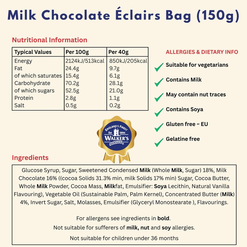 Walkers Nonsuch Milk Chocolate Eclairs 5.29 oz (150g) - Traditional