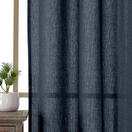 OWENIE Colin Short Navy Blue Cafe Curtains Tiers 36 Inch Length 2 Pieces, Modern Linen Textured Semi Sheer Soft Light Filtering Panels for Basement Bathroom Small Windows, 2 Panels, 42x36 Inch