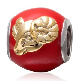 PAIYUAN Birthday Zodiac Sign Charms Original 925 Sterling Silver Enamel Charms with Clear Cz for Bracelet (Red Aries)