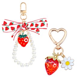 Cute Strawberry Keychain, Strawberry Bag Charms Flower Daisy Pearl Bow Keychain Kawaii Heart Flower Daisy Key chains Accessories Decor for Girls Purse Gift, Purse Charms for Handbags