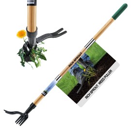 Rich Sprout Stand Up Weed Puller Tool, Heavy Duty Weed Remover Tool with Long Handle, 3-Section Real Bamboo Construction - 4 Claw Steel Head Weeder Tool, Eco-Friendly Handle, No More Bendin
