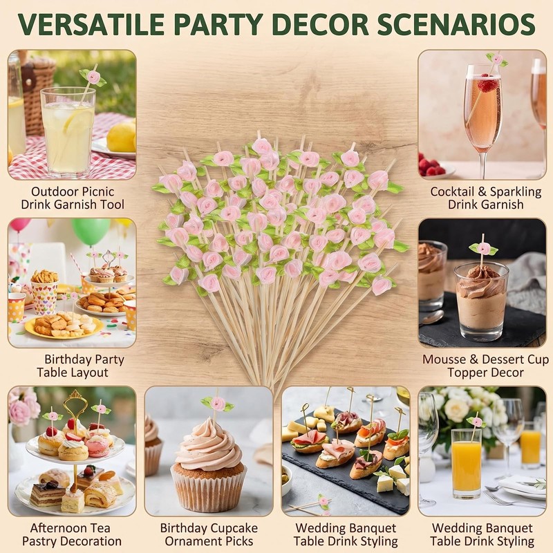 100 Pcs Pink Rose Cocktail Picks, Bamboo Decorative Toothpicks