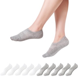 YOUCHAN Trainer Socks Women Men Short Cotton Invisible Footies Unisex Pack of 10 Pairs - White x5 + Grey x5, size: 43-46