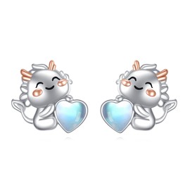 Dragon Earrings Sterling Silver Cute Animal Dragon Stud Earrings Moonstone Earrings Jewellery Gifts for Women Horse Lovers, Sterling Silver, Moonstone