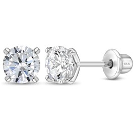 925 Sterling Silver 4mm Clear Cubic Zirconia Stud Earrings with Safety Screw Back for Toddlers - Classic Solitaire Four Prong Round Cut Simulated Diamond Girl's Earrings - Fits Babies to Pre-Teen