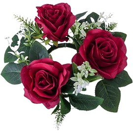 Artificial Rose Flower Candle Rings Wreath Artificial Floral Candles Wreaths Mini Flower Candleholder Wreaths for Wedding Table Decorations Centerpieces - Red