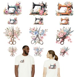 arricraft 12 Sheets Sewing Related Iron on Stickers, Colorful Sewing Machines and Scissors Print Transfer Stickers Decals for DIY T-Shirt Jeans Backpacks Families Clothing Hat Decoration Applique