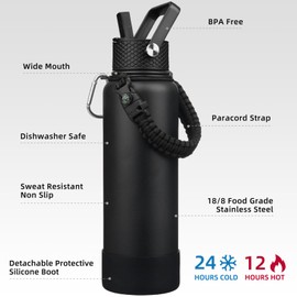 BJPKPK Insulated Water Bottle with Straw Lid, 40oz Large Thermal Flasks with 3 Lids, Paracord Handle & Non-slip Boot, BPA Free Leak Proof Stainless Steel Metal Water Bottles, Tumblers, Cups,Black