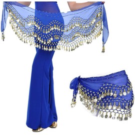 Morices Belly Dance Hip Scarf with Bracelets, Chiffon Belly Dance Scarf Wrap Belt Sash Skirt with Gold Coins for Performance Costume Belly Dance Yoga Class