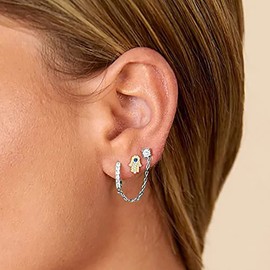 Round Cubic Zirconia Stud Earrings Hoop Cuff Double Piercing Earrings for Women Girls 925 Sterling Silver Threader Chain Dangle Huggie Hoop Earrings Crawler, Sterling Silver, Cubic Zirconia