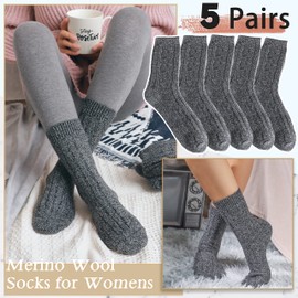 EBMORE Womens Merino Wool Thermal Socks Warm Long Comfy Work Soft Boot Winter Novelty Long Cold Socks for Ladies 5 Pack(Dark Grey)