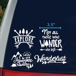 Explore Decal 4 Pack: Adventure Awaits, Not All Those Who Wander are Lost, Wanderlust, Explore (White, Small ~3.5")