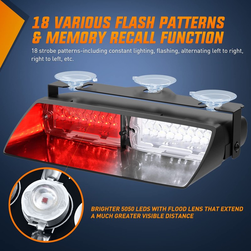 Nilight Red and White Emergency Strobe Lights Windshield Hazard Warning