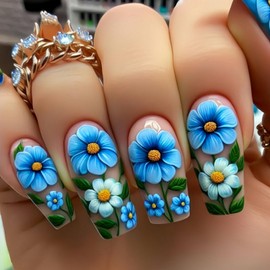 24 Pcs Coffin Press on Nails Long Fake Nails with Glue Reusable False Nails with Blue Flower Pattern Design Spring Floral Nails Acrylic Nails Press ons Holiday Glue-Free Nails for Women Nail Art
