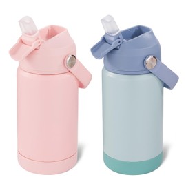 12oz Water Bottle, 2 pack Kids Water Bottles for School, Toddler Water Bottle with Straw & Handle, 304 Stainless Steel Insulated Water Bottle, Non-slip Silicone Base, BPA Free, Pink+Haze Blue