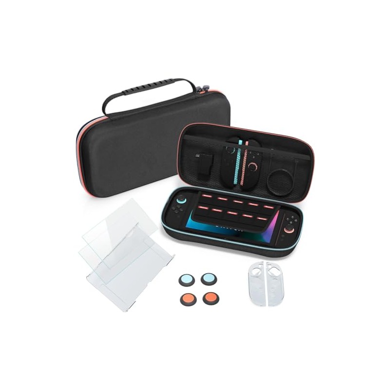 KujectアクセサリーセットSwitch 2専用 収納ケース＋スクリーン強化フィルム＋シリコン保護カバー＋サムグリップキャップ 耐衝撃 防塵 防汚 大容量 持ち運び便利 (ブラック)