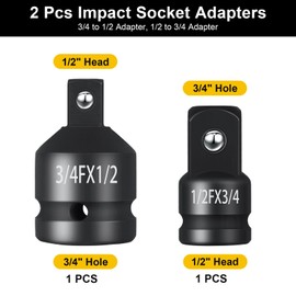 Nadisean 2Pcs Impact Socket Adapter Set, 3/4 to 1/2 Adapter, 1/2 to 3/4 Adapter, Premium Reducer Converter Adapter Set, Cr-Mo Steel, Fully Impact Rated, Ideal for Wrenches, Ratchets, Impact Driver