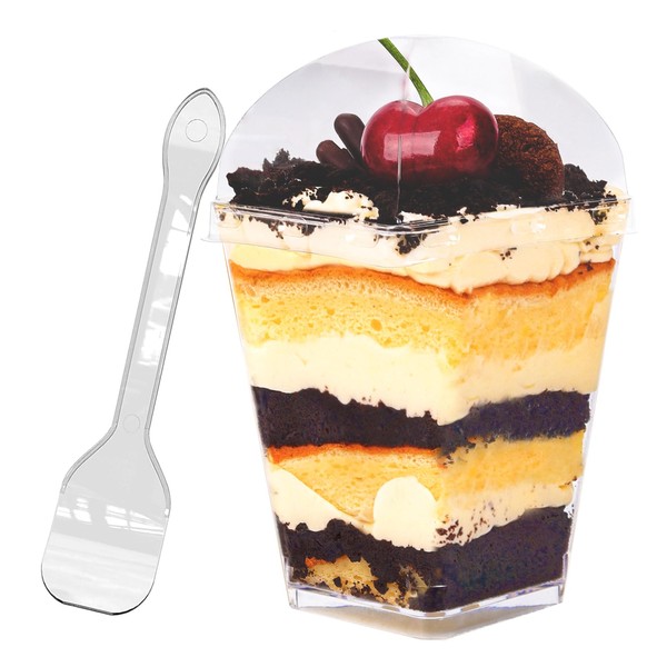 YunKo 5oz Square Clear Plastic Dessert Cups with Lids and Spoons, Mini Parfait Cups for Cheesecake, Yogurt, Jello, Mousse, and Snacks
