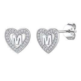 Suplight M Earrings for Women, 925 Sterling Silver Cubic Zirconia Heart Initial Earrings Letter Studs