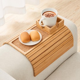 LOVYANXUE Bamboo Sofa Arm Tray Table, Foldable Couch Cup Holder, Anti-Slip Wide Couch Arm Tray Aremrest Table for Drink, Cup, Remote, Snacks, Cellphone, Portable, Bamboo/Cork Color