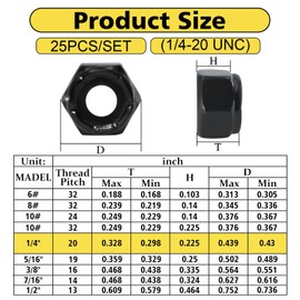 25 Pack 1/4"-20 Lock Nuts,Black Oxide 304 (A2-70) Stainless Steel Nylon Insert Locknuts Standard Inch Thread Nylock Nuts for Hardware, Machinery, Automotive, Furniture Repair