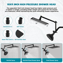 Black Rainfall Shower Head Combo, 10" Premium High Pressure 3-Way Dual Shower Head with 7-Setting Fixed Shower for Couple/Family, 16" Adjustable Foldable Shower Extension Arm,