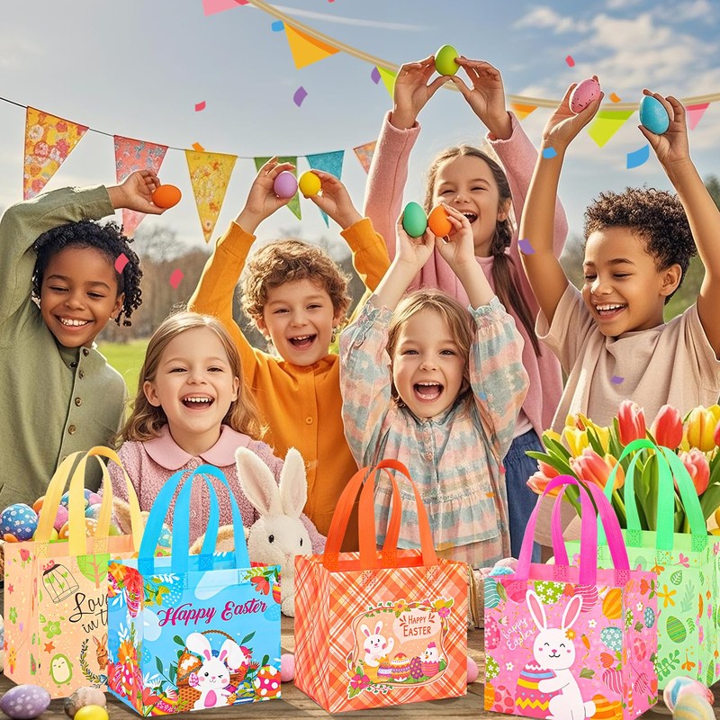 18 Pack Easter Egg Hunt Bags, 8.3×7.9×6 inch Large Easter