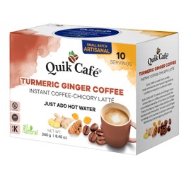 QuikCafé Instant Turmeric Ginger Coffee – 10 Count, Bold Turmeric Ginger Flavor Coupled With a Unique Coffee-Chicory Blend, No Preservatives, Just Add Hot Water, Kosher, Gluten Free
